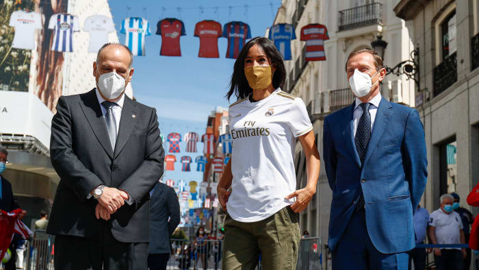 La Liga president Javier Tebas, Madrid vice mayor Begona Villacis, and Real Madrid sports director Emilio Butragueno.